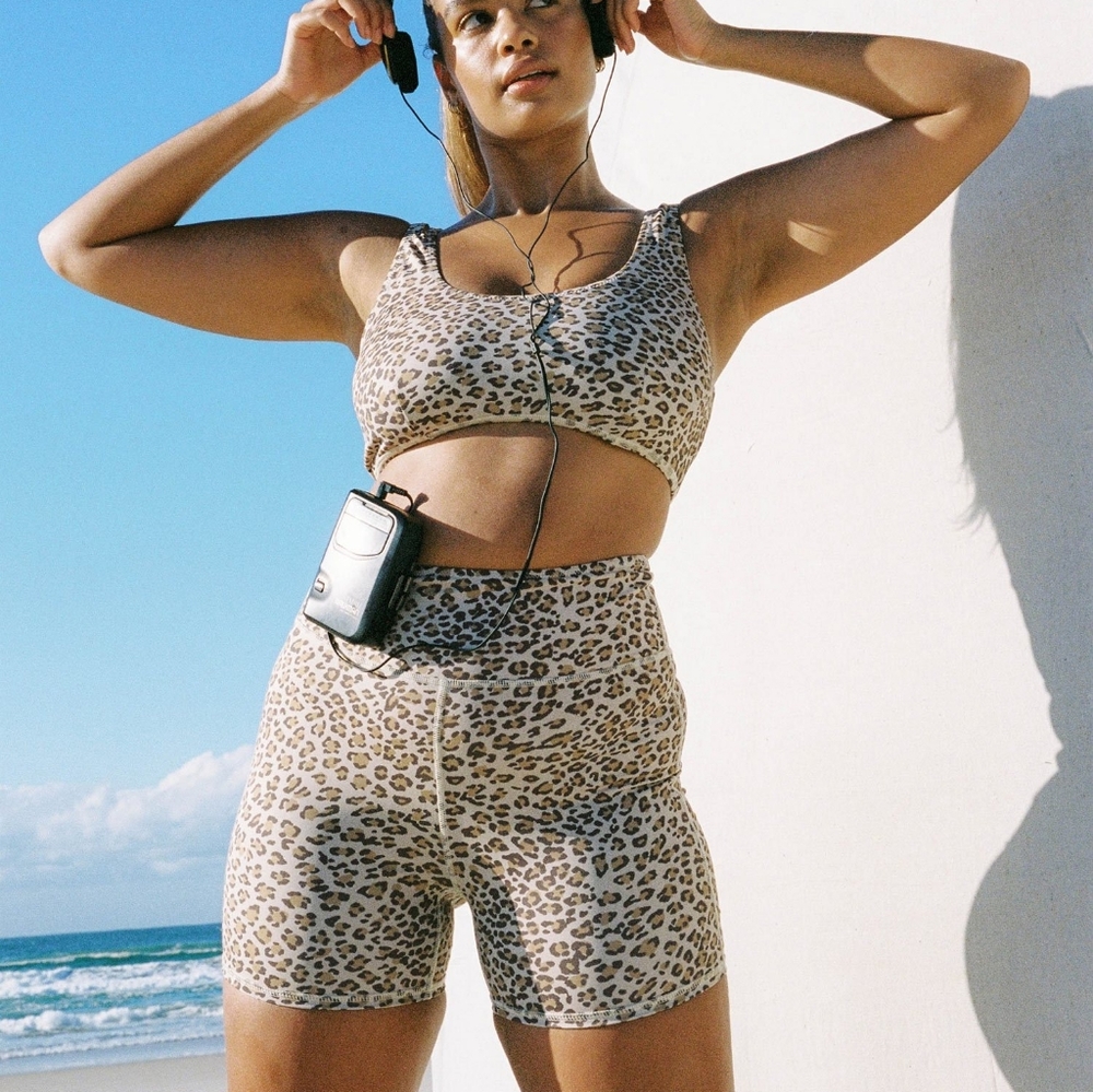 Spell Leopard Print Crop Top and High-Waist Biker Shorts Set - Beige and Black